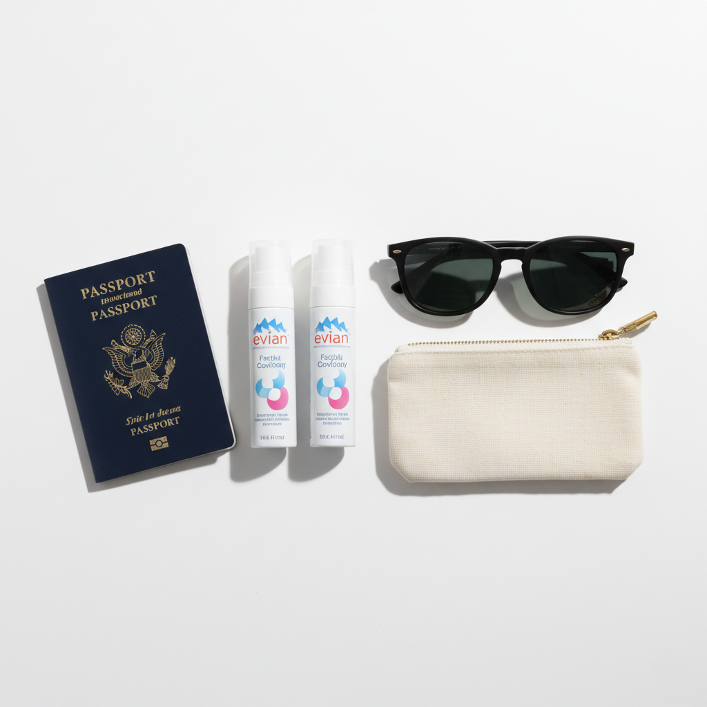 Evian Facial Spray 6-Pack — TSA-approved travel facial mist for instant hydration, makeup refresh, and skin balance, available at Glowvoyage.