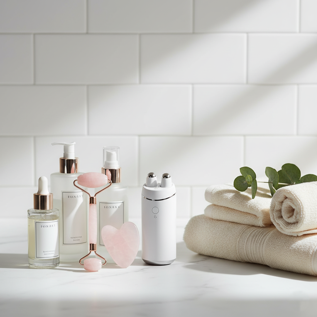 4-in-1 Face Massager and Gua Sha Set — rose quartz skincare tools with roller, eye massager, and vibration handle for glowing, youthful skin, available at glowvoyage