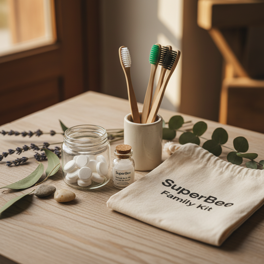 SuperBee Family Kit with Dentos Toothpaste Tablets, bamboo toothbrushes, and natural floss — eco-friendly oral care gift set from Glowvoyage