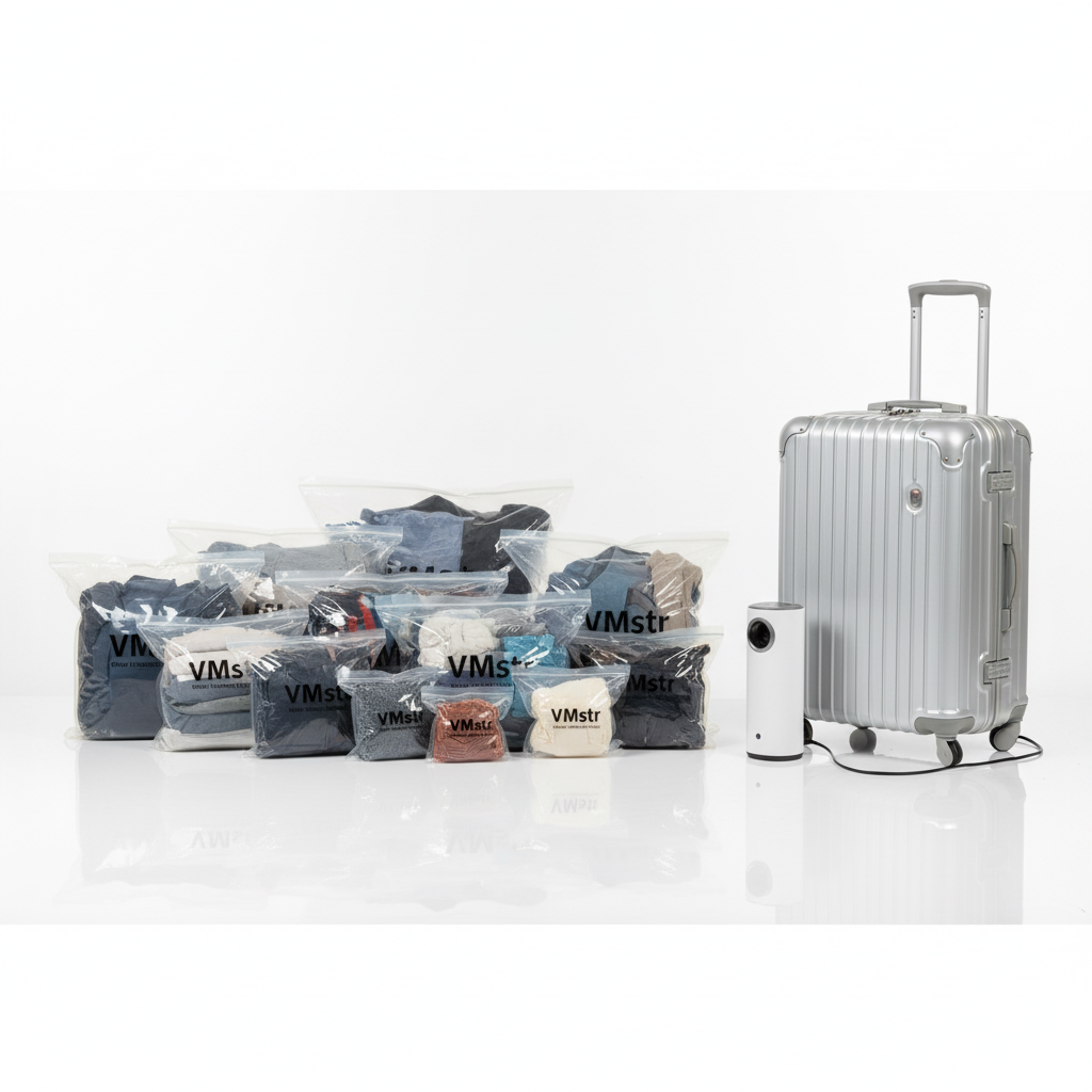 VMstr Travel Vacuum Storage Bags with DC-powered electric pump — 12-pack compression bags for organized and space-saving travel, available at Glowvoyage