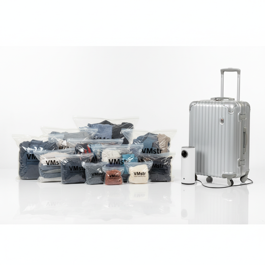 VMstr Travel Vacuum Storage Bags with DC-powered electric pump — 12-pack compression bags for organized and space-saving travel, available at Glowvoyage