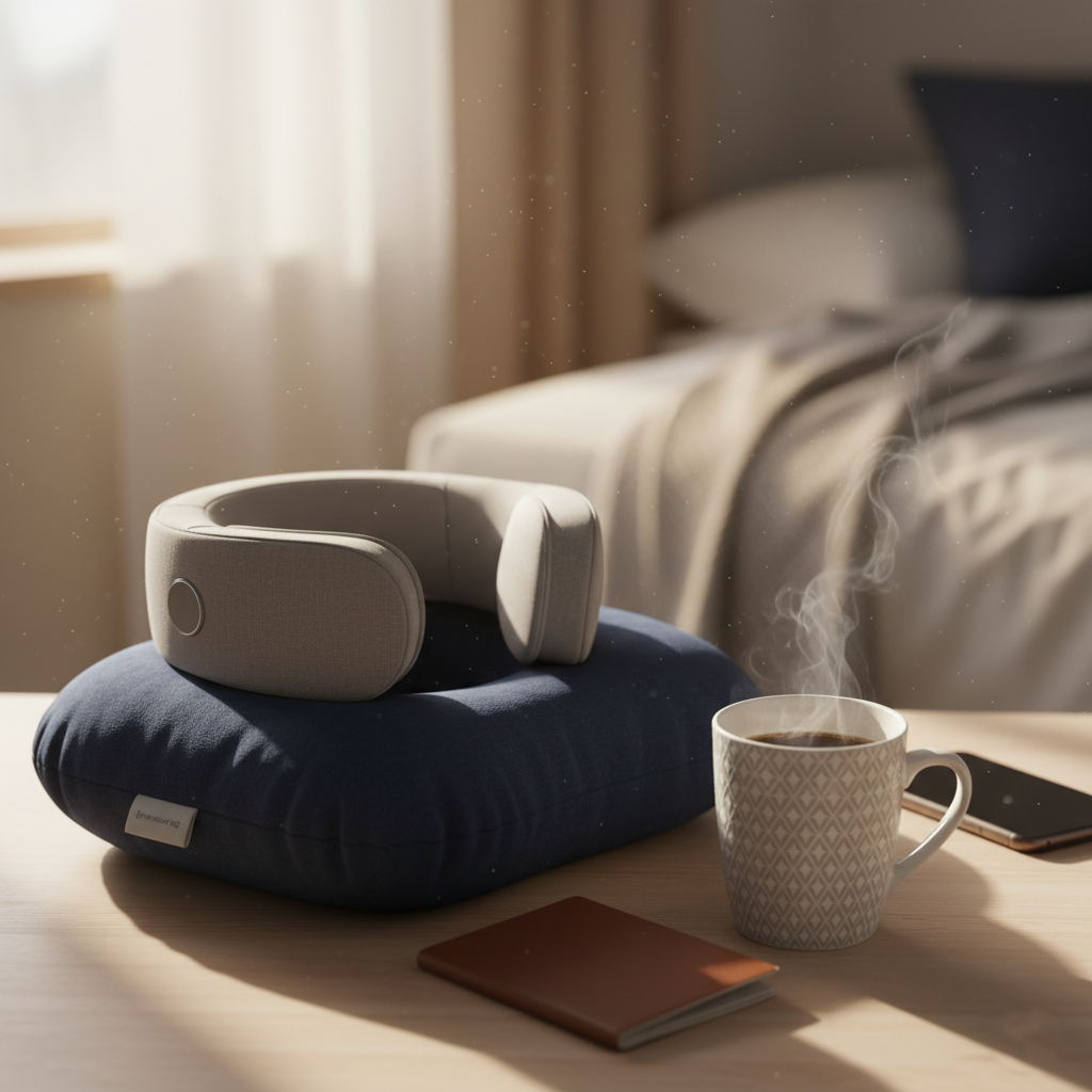 Neck Massager 2025 — heated portable neck and shoulder relaxer with 3 modes and ergonomic traction design for travel comfort, available at Glowvoyage.