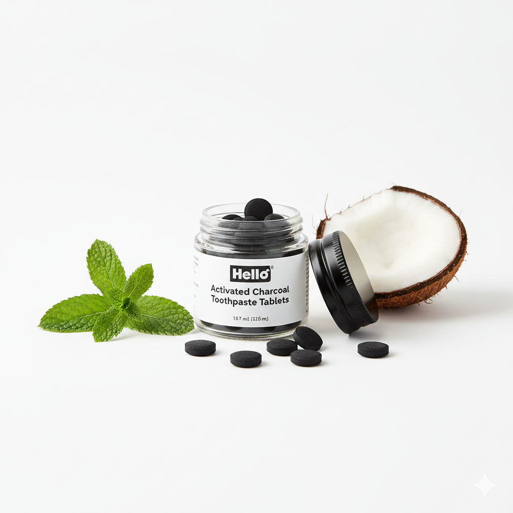Hello Activated Charcoal Toothpaste Tablets with mint and coconut oil — vegan, fluoride-free, and eco-friendly oral care by Glowvoyage