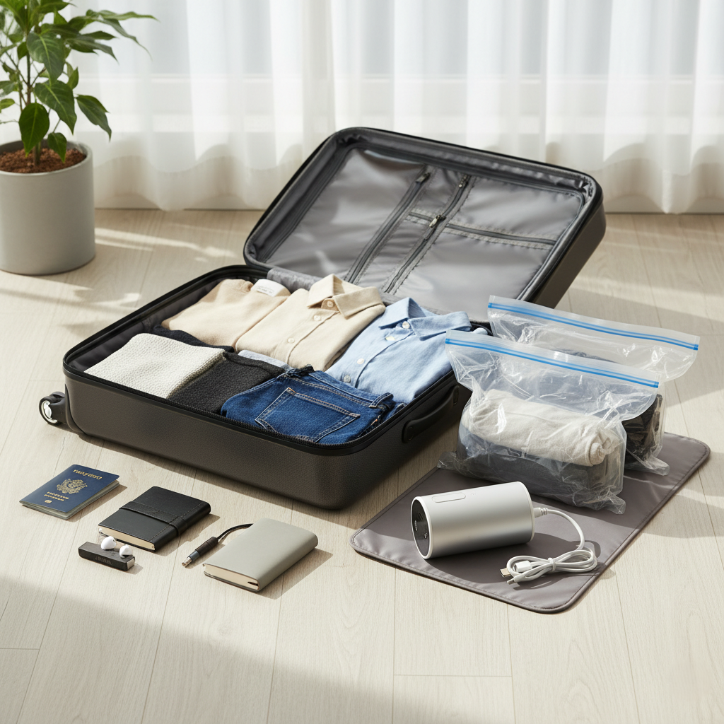 24 Pack Vacuum Storage Bags with Electric Pump — reusable space-saving storage set for travel and home, includes multiple sizes and portable pump, available at Glowvoyage.