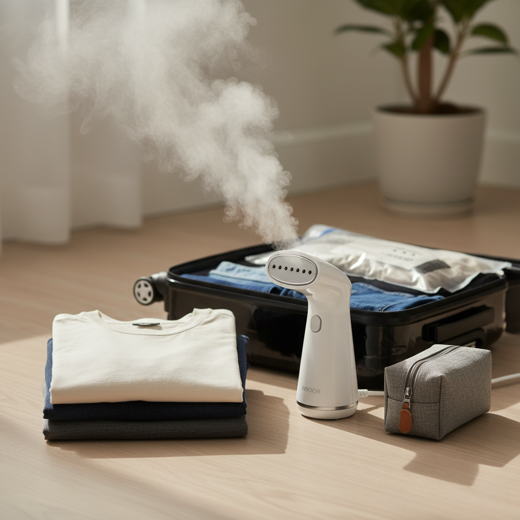 Handheld Travel Steamer for Clothes — 1000W portable wrinkle remover with 15s heat-up and dual steam modes, perfect for home and travel, available at Glowvoyage.