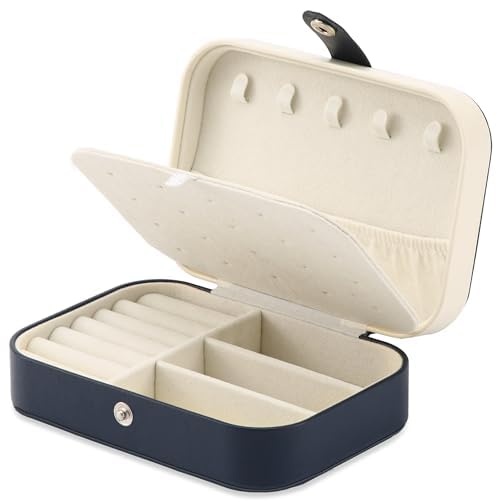 XZUZ Travel Jewelry Box, PU leather Small Jewelry Organizer For Female Girls, double layer portable mini travel case for storing earrings, rings, necklaces.(Dark Blue 2pcs)
