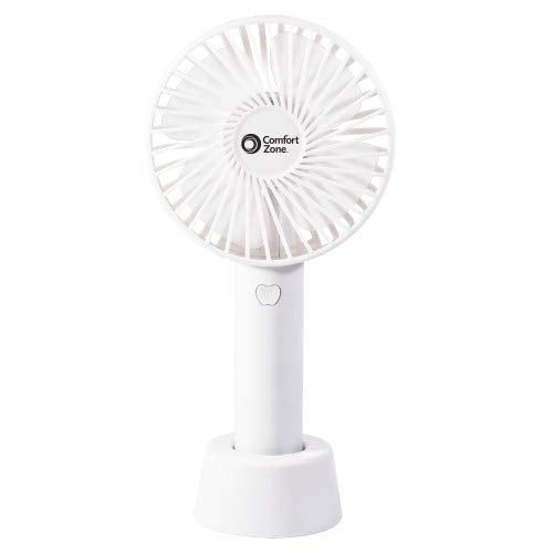 Comfort Zone Personal Handheld Rechargeable Fan, 4 inch, 3 Speed, Lithium Ion Battery, Micro USB Cable, Powerful, Mini Hand Fan, Ideal for Home, Bedroom & Office, CZPF402WT