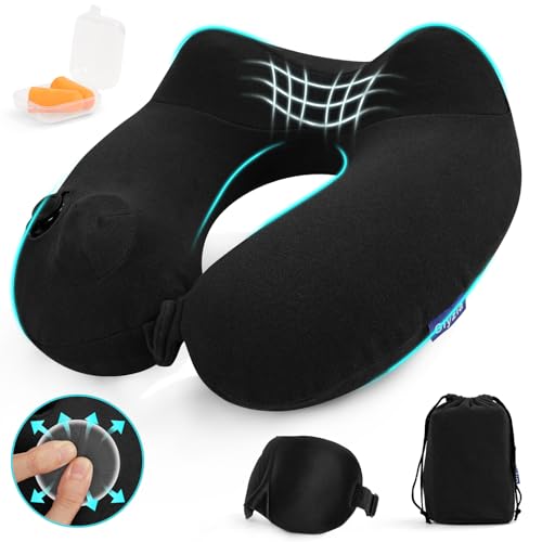 Glyzia Inflatable Travel Neck Pillow for Airplane, Head Support Velvet Adult Neck Pillow for Long Flight, Kit with Eye Mask, Earplugs and Storage Bag,1, Black