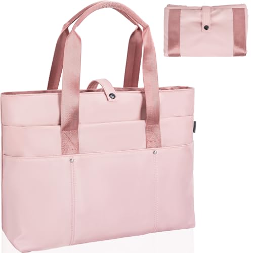 Large Tote Bag for Women with Multiple Pockets, Water Resistant Foldable Tote Bag Utility Tote, Lightweight Shoulder Bag Handbag for Travel, Work, Pink