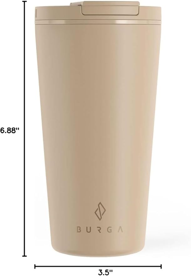 BURGA Stainless Steel Insulated DRINKING_CUP, Travel Spill-Proof With Secure-Seal, Scratch-Resistant, Stays Hot or Cold & Anti-Slip, 16 Ounces, Tan