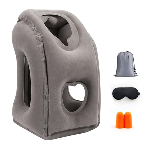 Gloserin Inflatable Travel Pillow for Airplanes, Airplane Pillow for Supports Neck, Used for Planes, Trains, Cars, Includes Storage Bag, Eye Mask & Earplugs (Grey)