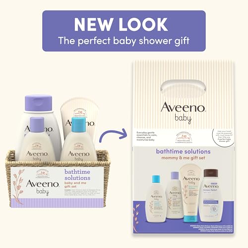 Aveeno Baby Bathtime Solutions Mommy & Me Gift Set, Baby Wash & Shampoo, Calming Bath, Daily Moisturizing Lotion and Stress Relief Body Wash for Mom, Colloidal Oat, Baby Bath Essentials, 4 items