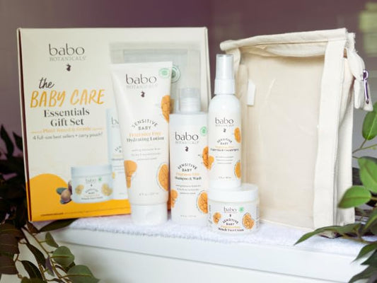 Babo Botanicals Baby Care Essentials Gift Set - Skincare, Bath & Diaper - For Delicate Skin, Fragrance-Free with Shea Butter, Includes Reusable Carry Pouch - Natural & Plant Based - 5 Items Set