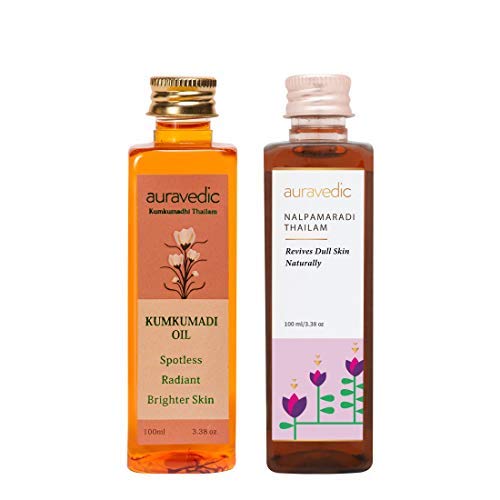 Auravedic Kumkumadi & Nalpamaradi Thailam Combo | Face & Body Oil with Ayurvedic Botanicals | Helps Improve Skin Texture & Tone | Daily Use Massage Oil | 3.38 Fl Oz (Pack of 2)