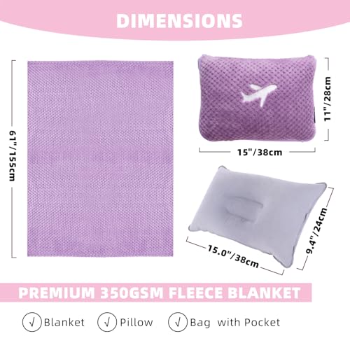 Nenolix 3 in 1 Travel Blanket Pillow Set - 350 GSM Thick Travel Blanket Airplane Compact with Bag, Soft Bag with a Pocket, Inflatable Travel Pillow for Camping & Car Trip (Violet)