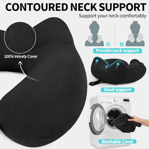 Glyzia Inflatable Travel Neck Pillow for Airplane, Head Support Velvet Adult Neck Pillow for Long Flight, Kit with Eye Mask, Earplugs and Storage Bag,1, Black
