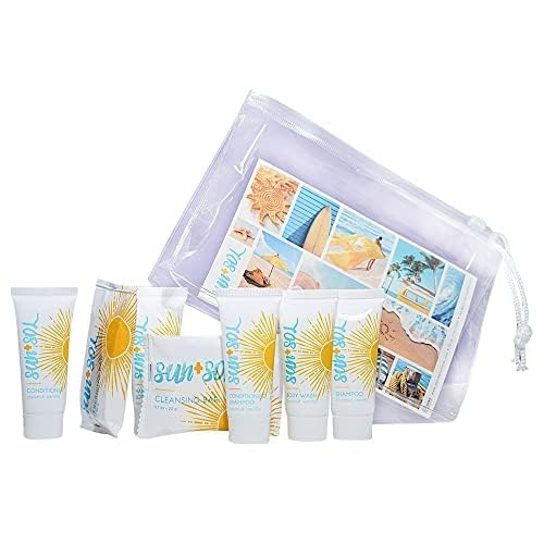 World Amenities - Sun + Sol Mini Size Hotel Toiletries Bathroom Kit | Warm Coconut & Vanilla | Shampoo, Conditioner, Body Wash, Lotion, Cleansing Bar, Refreshing Soap Bar and Moisturizing Massage Bar