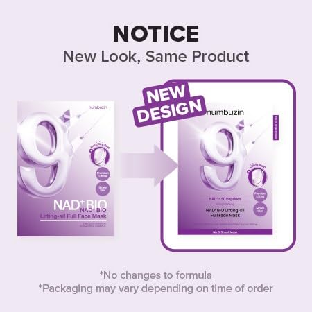 numbuzin No.9 Sheet Mask | NAD+ BIO Lifting-sil Full Face Mask | Improves Jawline, Jowls, Wrinkles, Neck Lines | Peptides, NAD+, Collagen | Skin Firmness | 4 Sheets + Lifting Band