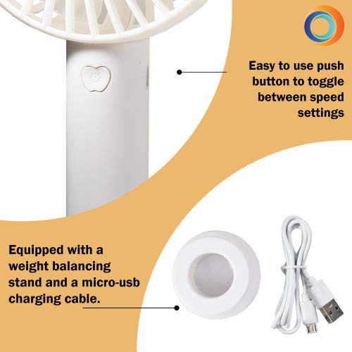 Comfort Zone Personal Handheld Rechargeable Fan, 4 inch, 3 Speed, Lithium Ion Battery, Micro USB Cable, Powerful, Mini Hand Fan, Ideal for Home, Bedroom & Office, CZPF402WT