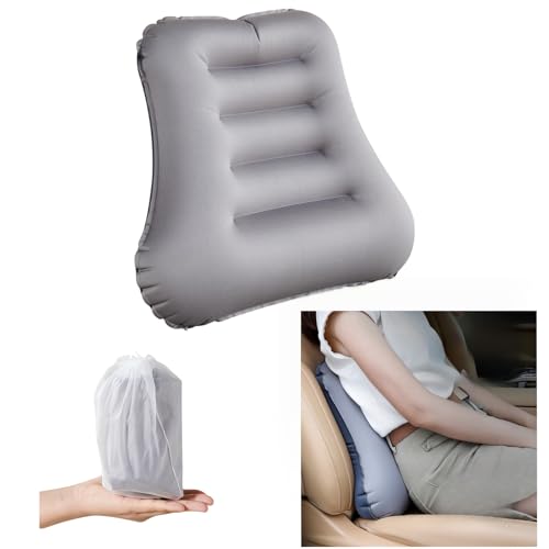 Inflatable Lumbar Support Pillow for Travel Seat and Office Chair, Back Support Pillow for Airplane Travel and Car, Lumbar Pillow for Lower Back Pain Relief and Improve Posture, Easy to Carry - Grey