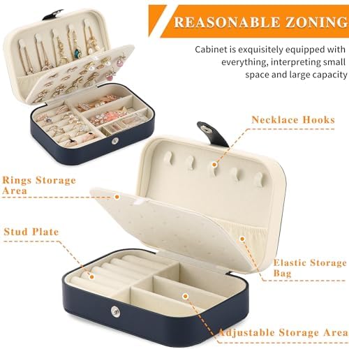 XZUZ Travel Jewelry Box, PU leather Small Jewelry Organizer For Female Girls, double layer portable mini travel case for storing earrings, rings, necklaces.(Dark Blue 2pcs)