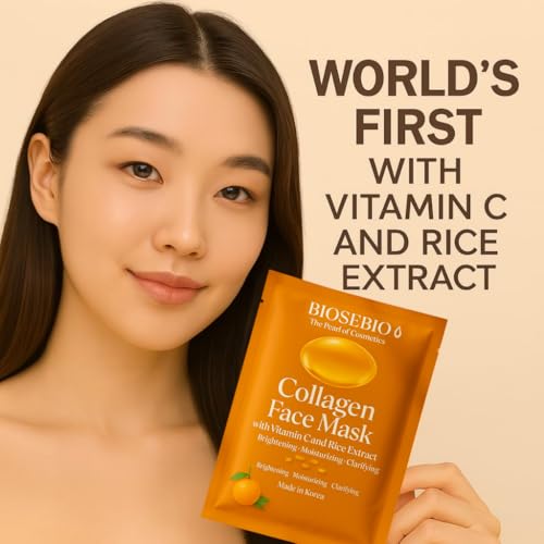 Korean Collagen Face Mask with Vitamin C & Rice Extract - BIOSEBIO Hyaluronic Acid Sheet Masks for Glowing Radiant Skin - Deep Hydrating, Moisturizing & Anti-Aging Facial Skincare for Women - 5 Pack