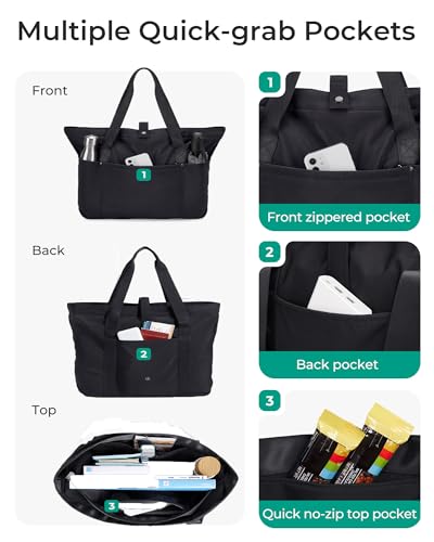 BAGSMART Tote Bag for Women, Foldable Tote Bag With Zipper Large Shoulder Bag Top Handle Handbag for Travel, Work-16.5''l X 6''wx 14''h