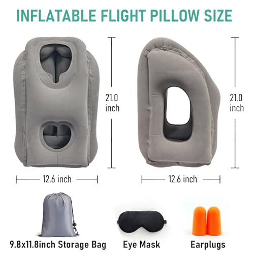 Gloserin Inflatable Travel Pillow for Airplanes, Airplane Pillow for Supports Neck, Used for Planes, Trains, Cars, Includes Storage Bag, Eye Mask & Earplugs (Grey)