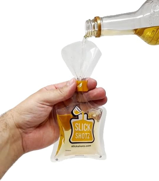 Slick Shotz 50 Pcs Heat Sealed Plastic Flask Kit for Liquor – 3oz Leak Proof Drink Pouches for Alcohol with Heat Sealer and Mini Marker – Ideal for Cruises, Concerts, Flights, Events and Travel