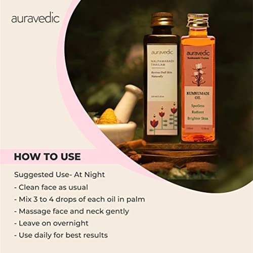 Auravedic Kumkumadi & Nalpamaradi Thailam Combo | Face & Body Oil with Ayurvedic Botanicals | Helps Improve Skin Texture & Tone | Daily Use Massage Oil | 3.38 Fl Oz (Pack of 2)