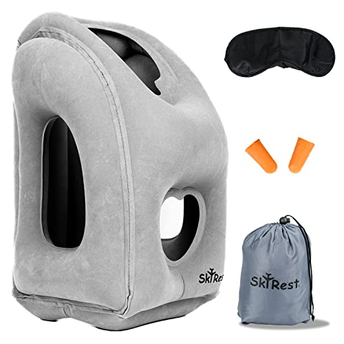 Skyrest Inflatable Travel Pillow - Airplane Pillow for Neck Support on Long Flights, Buses, Cars, Office & Trains - Comes with Eye Mask, Earplugs & Portable Drawstring Bag - Grey
