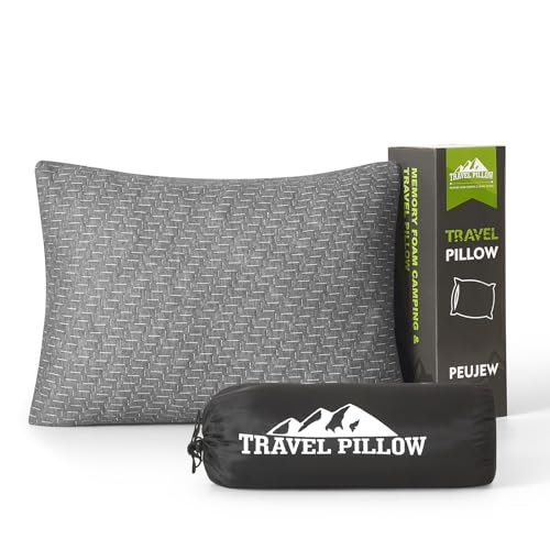 PEUJEW Small Shredded Memory Foam Pillow, Camping Pillow Travel Pillow - Compressible Medium Firm, Breathable Cover, Ideal Backpacking Hiking, Airplane and Car