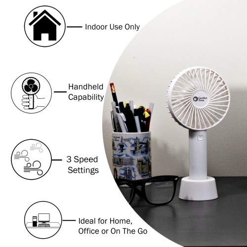 Comfort Zone Personal Handheld Rechargeable Fan, 4 inch, 3 Speed, Lithium Ion Battery, Micro USB Cable, Powerful, Mini Hand Fan, Ideal for Home, Bedroom & Office, CZPF402WT
