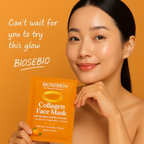 Korean Collagen Face Mask with Vitamin C & Rice Extract - BIOSEBIO Hyaluronic Acid Sheet Masks for Glowing Radiant Skin - Deep Hydrating, Moisturizing & Anti-Aging Facial Skincare for Women - 5 Pack