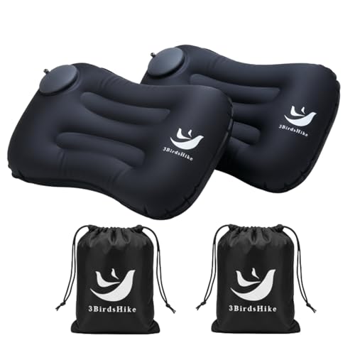 3BirdsHike 2 Pack Inflatable Camping Pillow – Ultralight Travel & Beach Air Pillow for Neck & Lumbar Support, Press-to-Inflate Design, Compact for Hiking, Backpacking & Outdoor Adventures – Black