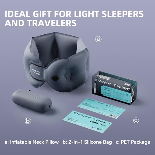 EVERY THINK Inflatable Travel Pillow - Travel Pillow for Long Flight, Inflatable Neck Pillow for Traveling, Pocket Blow Up Pillow for Airplane, Bus, Train, Car, Office, Home (Navy Blue)