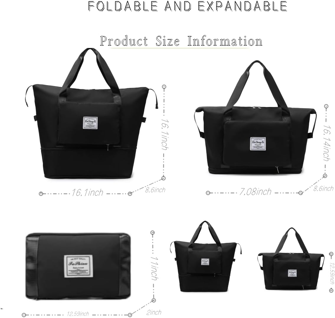 RichMoro Large Capacity Foldable Travel Bag, Expandable lightweight Carry on Bag, Dry with Wet Separation Spor Duffel Bags (Black)