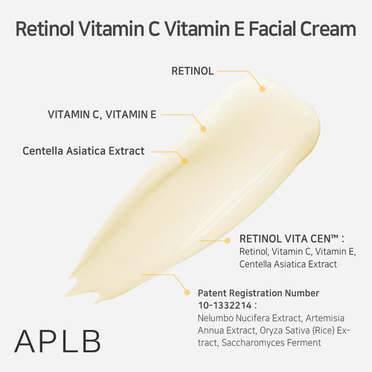 APLB Retinol Vitamin C Vitamin E Facial Cream | RETINOL VITA CEN™ 21.6% 1.86 FL.OZ/Korean Skincare, Deep hydration, Retinol, Revitalize for gentle and improve skin texture