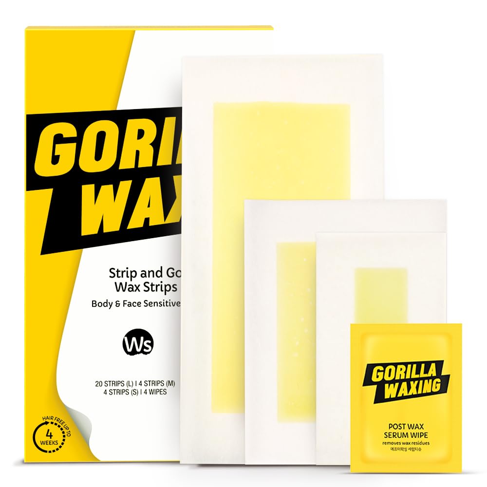 Gorilla Waxing Strip & Go Wax Strips Kit – 28 Multi-Size Wax Strips + 4 Calming Serum Wipes, Ready-to-Use Hair Removal for Face & Body, Sensitive Skin, No Heating Needed, Korean Skin Care