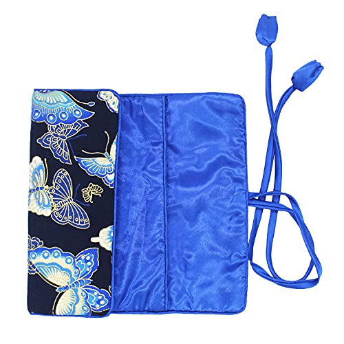 Wei Long Jewelry Roll,Travel Jewelry Roll Bag,Silk Embroidery Brocade Jewelry Organizer Case with Tie Close (Butterfly,Dark Blue)