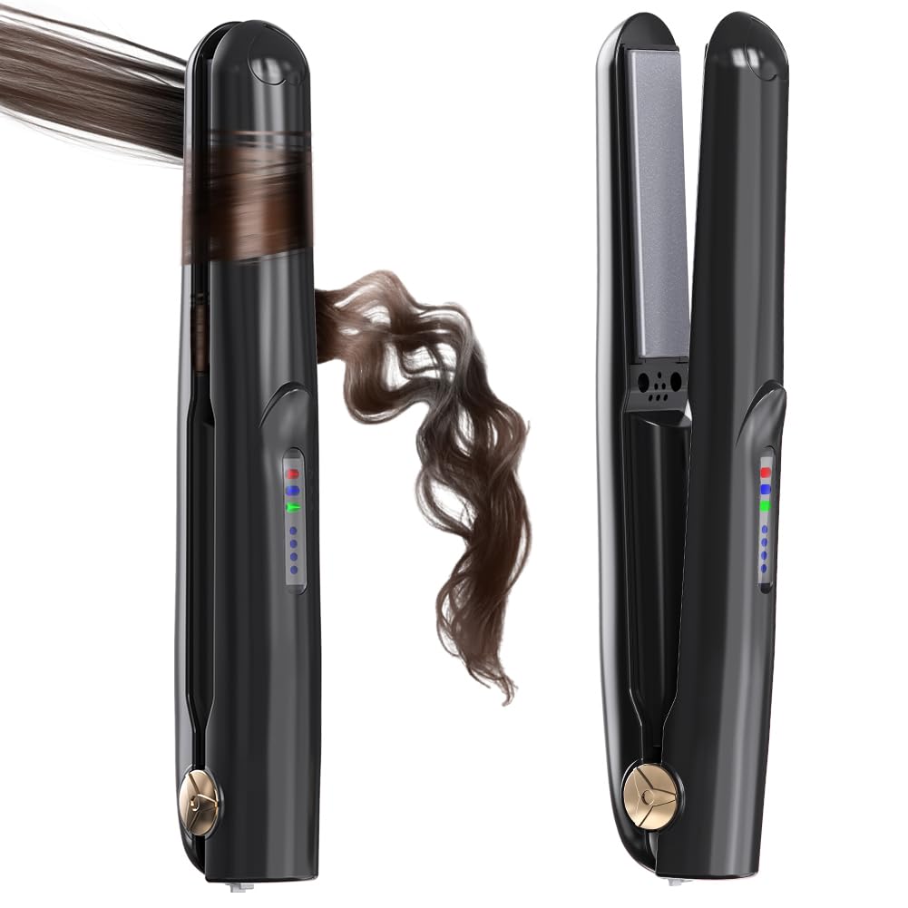Cordless Hair Straightener and Curler 2 in 1 Ceramic Flat Iron Mini Cordless Portable Travel Hot Tools Straight Curl for Women Men USB Rechargeable with Pouch (Black)