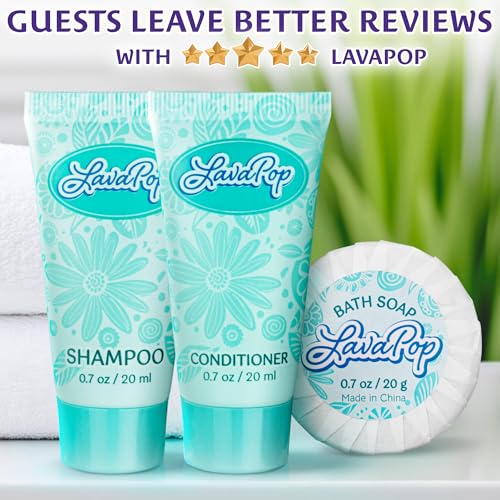 LavaPop - Hotel Soap, Shampoo & Conditioner 3-Piece Set - Iris, Violet & Amber, 0.7 oz each, 150 Pcs - Calming & Comforting Travel Size Amenities - Bulk Toiletries for Airbnb, Motels & Guest Rooms