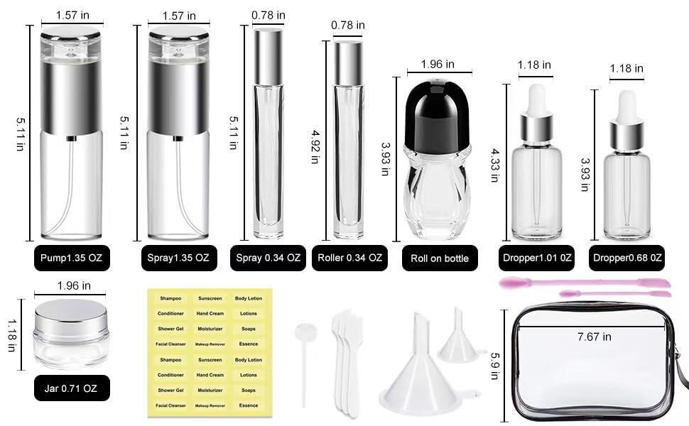 KOUWICH 34 Piece Glass Travel Bottles for Toiletries TSA Approved Mini Makeup Containers with Toiletry Bag Refillable BPA Free Skincare Container Leak Proof for Serums, Moisturizers, Toners, Cream