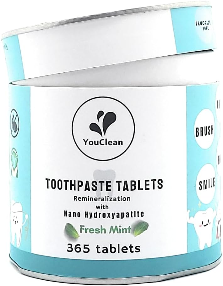 YouClean Refill Pack - 365 Toothpaste Tablets - Natural Remineralization & Whitening with Nano Hydroxyapatite - Travel or Daily Use - Fluoride Free (Mint365)