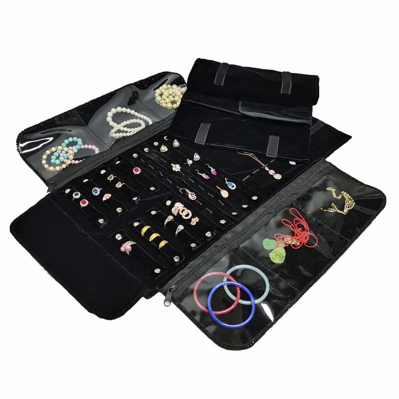 SCIKHEFT Velvet Travel Jewelry Case Roll Bag Organizer for Necklace Bracelet Earrings Ring (Black)