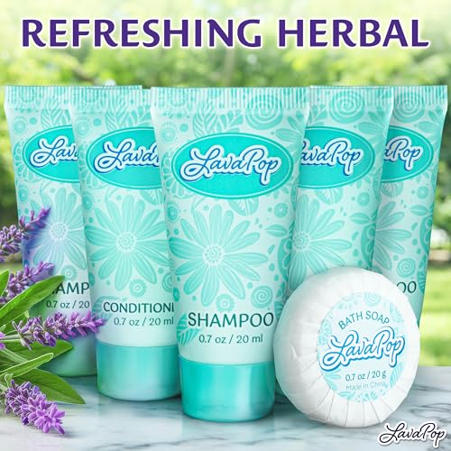 LavaPop - Hotel Soap, Shampoo & Conditioner 3-Piece Set - Iris, Violet & Amber, 0.7 oz each, 150 Pcs - Calming & Comforting Travel Size Amenities - Bulk Toiletries for Airbnb, Motels & Guest Rooms