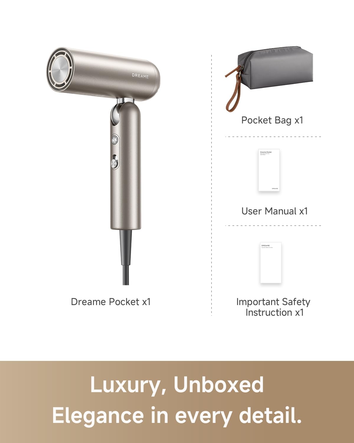 DREAME Pocket Pure High-Speed Hair Dryer, Lightweight Foldable Blow Dryer with 110,000 RPM Motor, Ionic Care, 5 Modes, Travel Bag, Quiet Fast Drying for Frizz-Free Hair