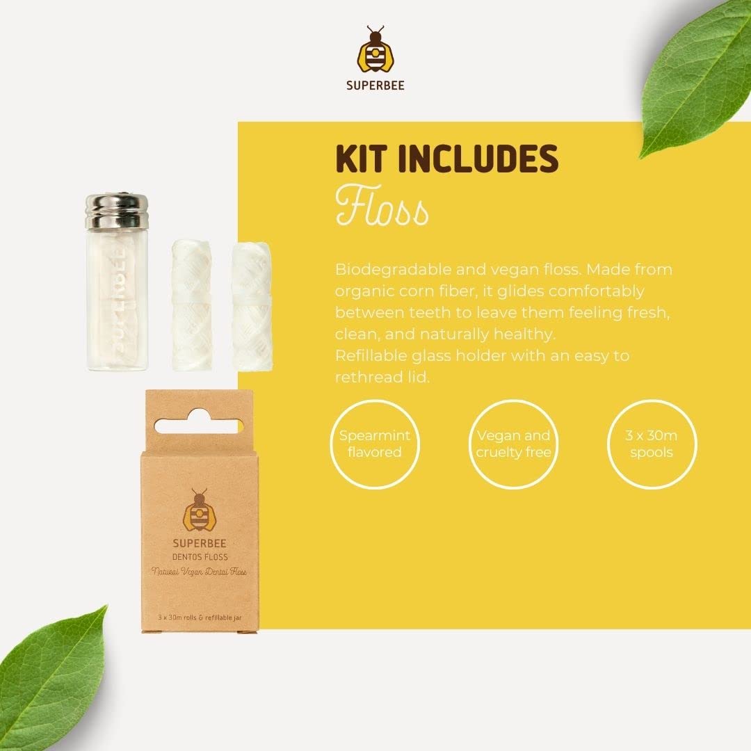 SuperBee Family kit with Dentos Toothpaste Tablets 300 tabs, Natural Floss, Soft Bristles Bamboo toothbrushes - Fluoride Free & Eco Friendly, Housewarming Gift Christmas Plastic Free