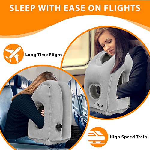 Skyrest Inflatable Travel Pillow - Airplane Pillow for Neck Support on Long Flights, Buses, Cars, Office & Trains - Comes with Eye Mask, Earplugs & Portable Drawstring Bag - Grey