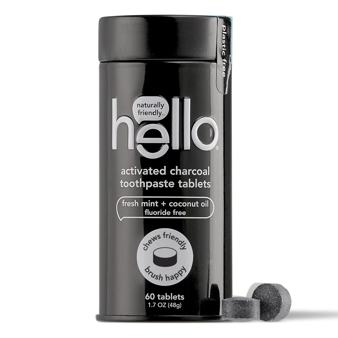 Hello Activated Charcoal Teeth Whitening Eco Friendly Travel Toothpaste Tablets, Fresh Mint and Coconut Oil, Fluoride Free, TSA Compliant, Vegan, SLS Free, Plastic-Free, 60 Tablets